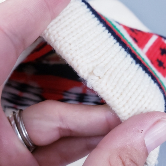 Aris Vintage Wool Ski Hat Ladybugs Cream Navy Winter Knit Hat Made in USA - Picture 6 of 9